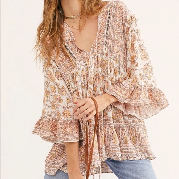 Free People Moonlight Dance Printed Ivory Combo Tunic Top Size Small Women - Picture 1 of 9
